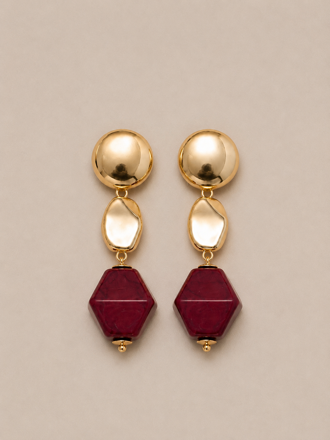Bossa - Gold Earrings and Burgundy Resin