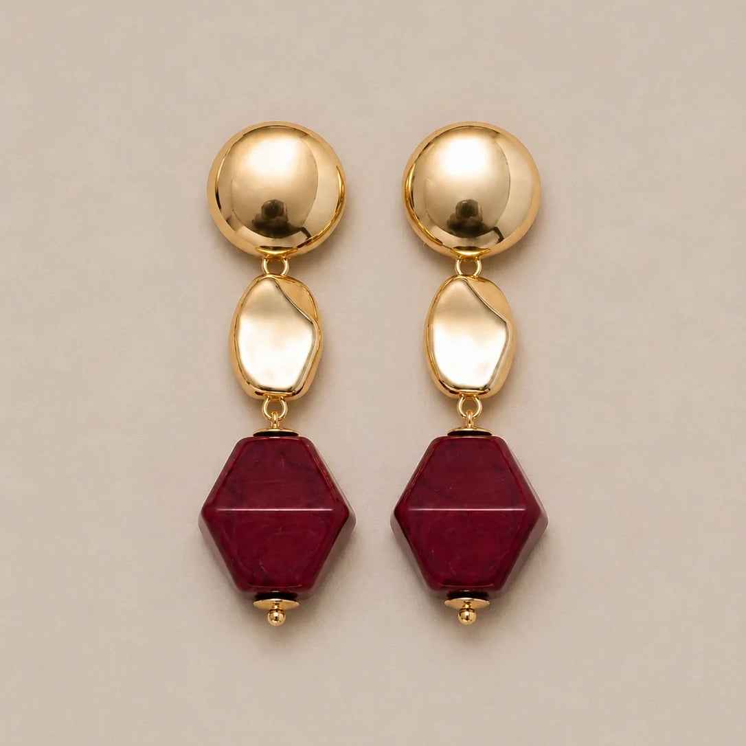 Bossa - Gold Earrings and Burgundy Resin